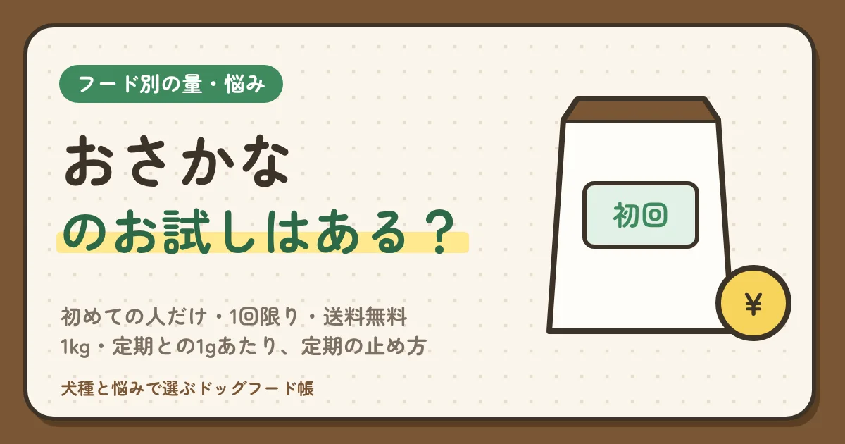 おさかなのお試しは400g 999円｜初めての人だけ・1回限り・送料無料、体重別に何日分か、1kg・定期との1gあたり、定期の止め方