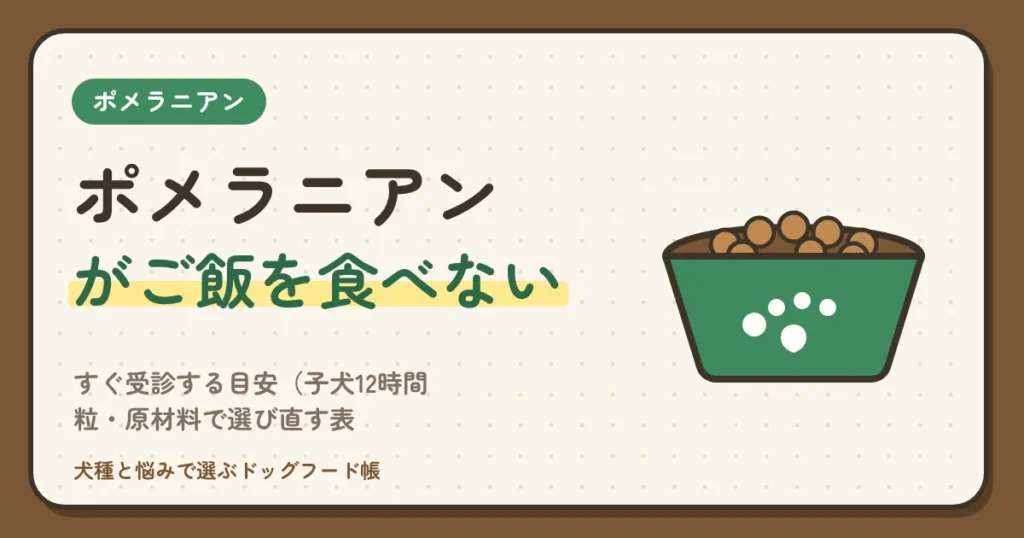 ポメラニアンがご飯を食べない｜すぐ受診する目安（子犬12時間・低血糖）と出し方、粒・原材料で選び直す表